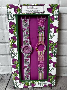Lilly Pulitzer Interchangeable Wristwatch Watch Set Pink Patch Strawberry